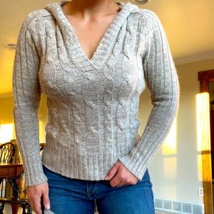 beige v-neck hooded sweater